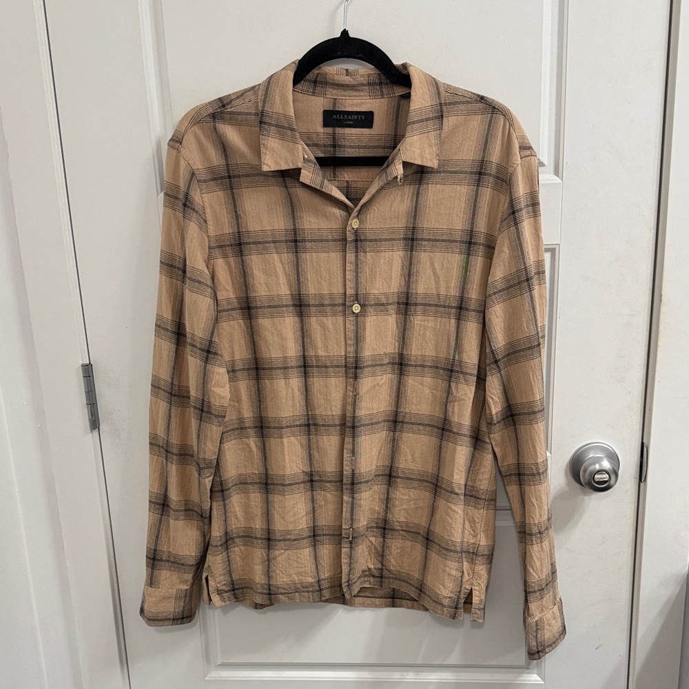 All Saints Size Large Tan Plaid Button Up